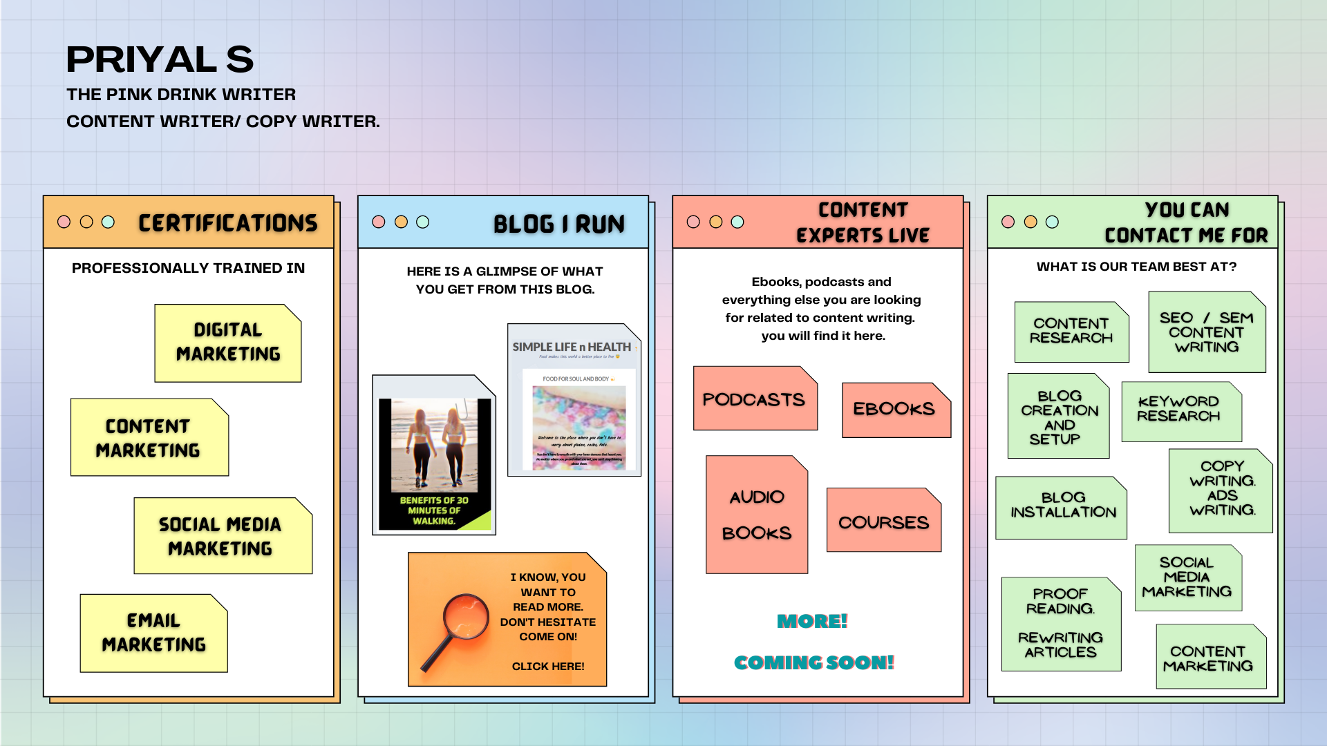Digital marketing certificate. Social media marketing. Email marketing. seo content writing. copy writing. blog setup. WordPress blog. portfolio. Resume. About me. How to hire a content writer. Content writer needed. Looking for seo content writer. Freelance content writer.